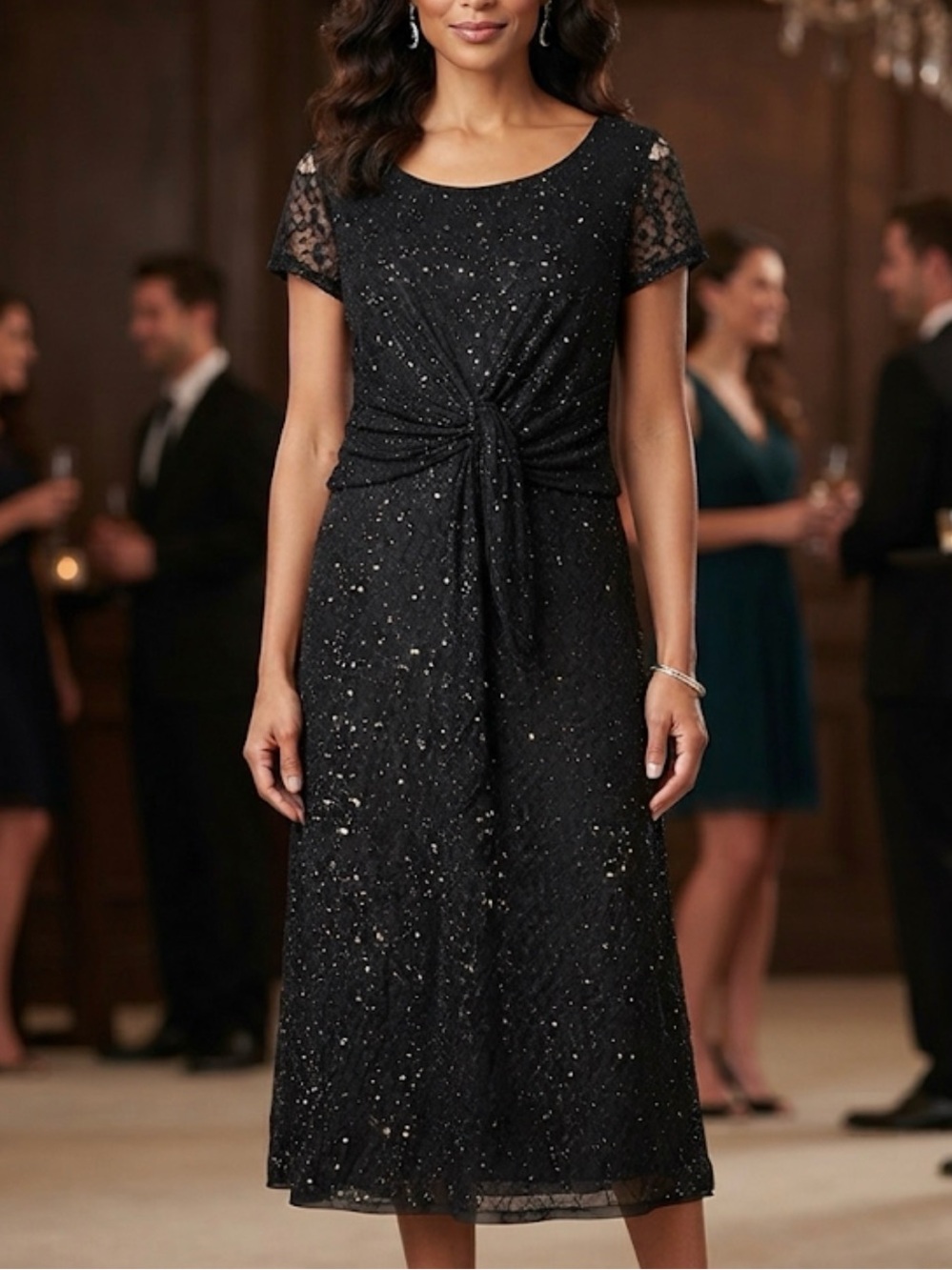 Perceptions Black Sparkle Lace Tie-Waist Midi Dress